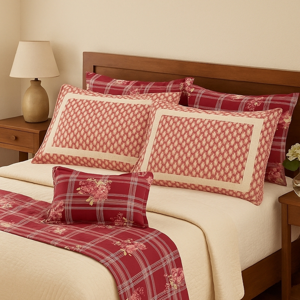 NWOT VTG Country Living Red & White Reversible King Sham Set Floral Plaid Batik
